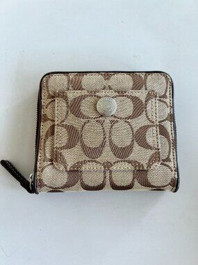 COACH Signature Canvas Small Zip Around Wallet - Khaki & Brown